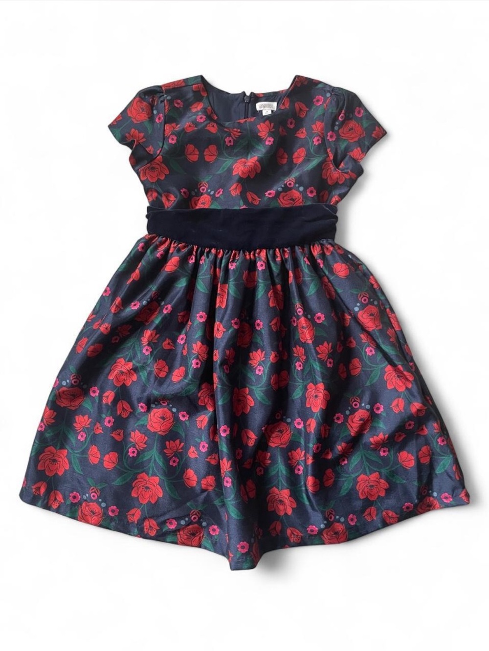 Gymboree Navy Dress with Red Rose Floral Print